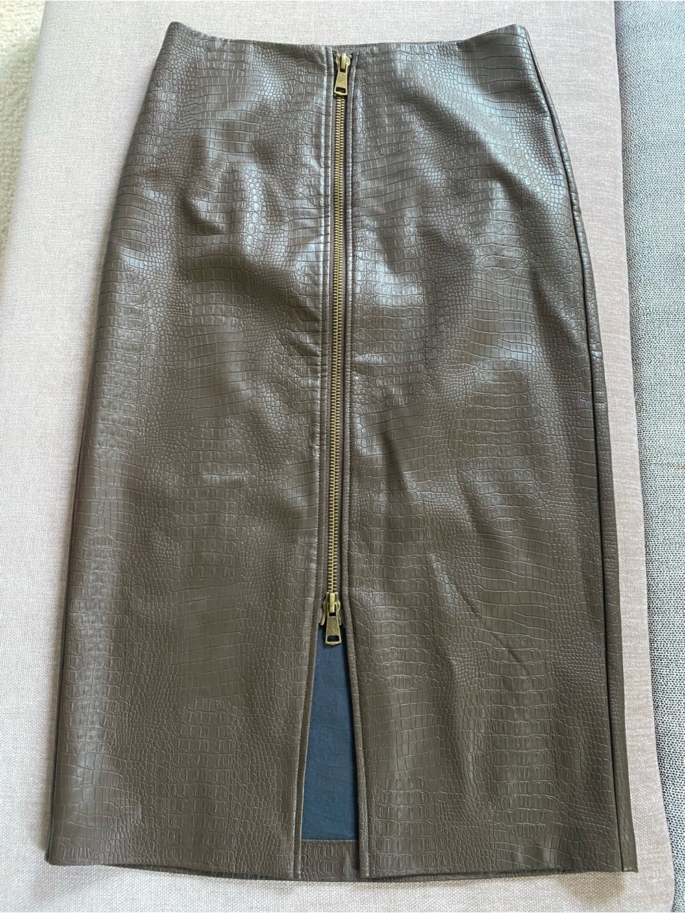 Steve Madden Dark Brown Faux-Leather Croc Pencil Skirt with Front Zip